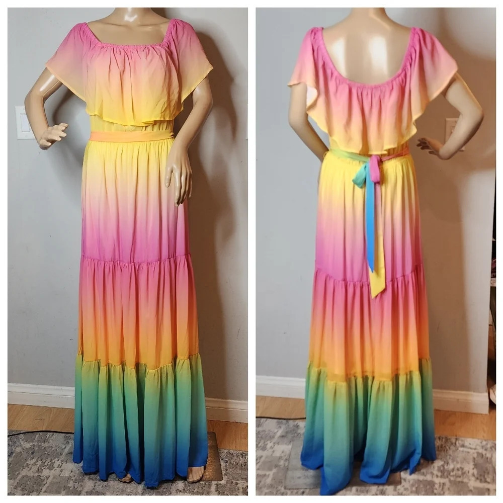 MS Bling Tiered rainbow maxi dress. Size large.
